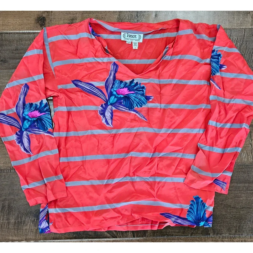 RARE VTG Irka 100% Silk 2 Piece Skirt‎ Set Coral Pink Blue Orchid Floral Stripe